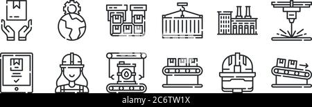 set of 12 thin outline icons such as packages, packages, worker, factory, packages, world for web, mobile Stock Vector
