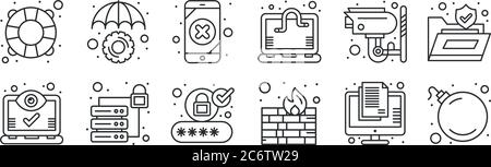 set of 12 thin outline icons such as bomb, firewalls, database, cctv camera, data security, protection for web, mobile Stock Vector