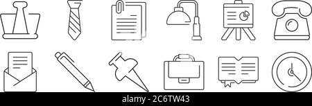 set of 12 thin outline icons such as watch, suitcase, pen, presentation, document, necktie for web, mobile Stock Vector