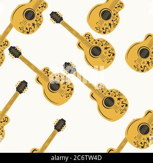 Handdrawn seamless pattern with various country music symbols - notes, guitar, stars and elements Stock Vector
