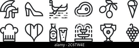 set of 12 thin outline icons such as grape, fountain, italy, olives, gondola, high heels for web, mobile Stock Vector