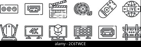 set of 12 thin outline icons such as bracket, smart tv, k, smart tv, clapperboard, hdmi port for web, mobile Stock Vector