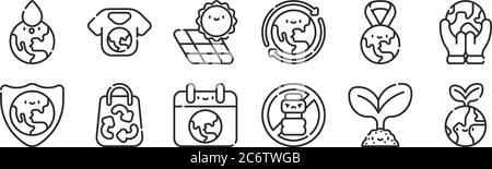 set of 12 thin outline icons such as planet, no plastic, eco bag, medal, solar panel, t shirt for web, mobile Stock Vector