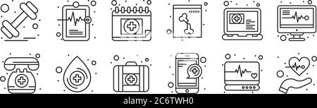 set of 12 thin outline icons such as care, medical service, blood drop, medical appointment, medical appointment, record for web, mobile Stock Vector