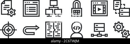 set of 12 thin outline icons such as gears, programmer, u turn, video, servers, listing for web, mobile Stock Vector