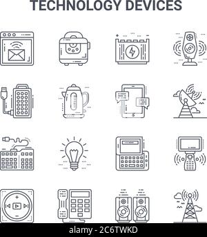 set of 16 technology devices concept vector line icons. 64x64 thin stroke icons such as toaster, extension cord, satellite dish, keyboard, telephone, Stock Vector