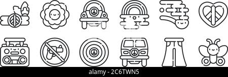 set of 12 thin outline icons such as butterfly, van, no weapons, pipe, beetle, flower for web, mobile Stock Vector