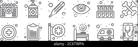 set of 12 thin outline icons such as medical app, hospital bed, check list, test tubes, temperature, hand sanitizer for web, mobile Stock Vector