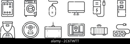 set of 12 thin outline icons such as plug, gps, vacuum cleaner, power bank, mouse, washing machine for web, mobile Stock Vector