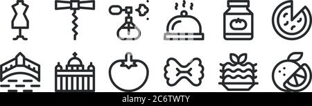 set of 12 thin outline icons such as orange, pasta, vatican city, tomato sauce, perfume spray, corkscrew for web, mobile Stock Vector