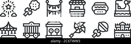 set of 12 thin outline icons such as castle, pinwheel, cage, hot dog, garlands, cotton candy for web, mobile Stock Vector