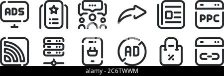 set of 12 thin outline icons such as link, ad blocker, server, news, group, premium for web, mobile Stock Vector