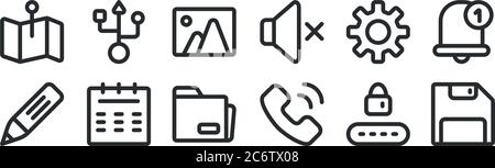 set of 12 thin outline icons such as save, phone, calendar, settings, picture, usb for web, mobile Stock Vector