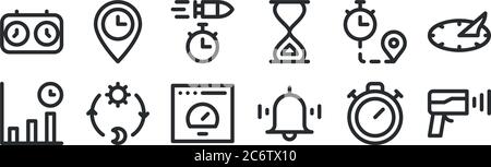 set of 12 thin outline icons such as speed radar, alarm, day and night, duration, bullet time, arrival time for web, mobile Stock Vector