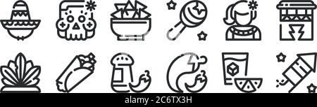 set of 12 thin outline icons such as firework, chilli, burrito, mexican, tortilla, skull for web, mobile Stock Vector