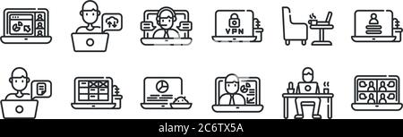 set of 12 thin outline icons such as video chat, presentation, calendar, sofa, conference, working for web, mobile Stock Vector