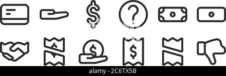 set of 12 thin outline icons such as dislike, bill, payment, dollar, dollar, hand for web, mobile Stock Vector
