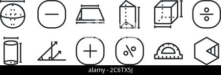 set of 12 thin outline icons such as hexagon, percent, corner, cube, geometry, substraction for web, mobile Stock Vector