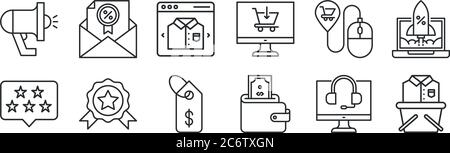set of 12 thin outline icons such as shopping basket, wallet, medal, mouse, online shopping, envelope for web, mobile Stock Vector