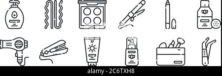 set of 12 thin outline icons such as tweezers, foundation, hair straightener, eye pencil, eye shadow, bobby pin for web, mobile Stock Vector