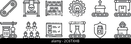set of 12 thin outline icons such as package, flask, workers, unboxing, warehouse, bridge saw for web, mobile Stock Vector