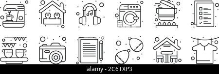 set of 12 thin outline icons such as tshirt, water balloons, camera, cooking pots, music headphone, home repair for web, mobile Stock Vector
