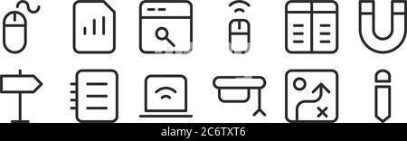 set of 12 thin outline icons such as pencil, mortarboard, notebook, table, web search engine, statistics for web, mobile Stock Vector