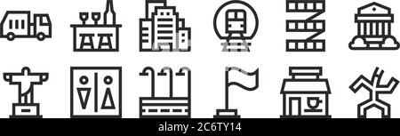 set of 12 thin outline icons such as puppet, flag, wc, stairs, building, bar for web, mobile Stock Vector
