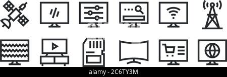 set of 12 thin outline icons such as world, curve, tv, smart tv, adjustment, tv for web, mobile Stock Vector