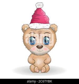 Cute cartoon bear with big eyes in a Christmas hat, Merry Christmas and New Year. Stock Vector