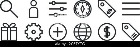 set of 12 thin outline icons such as price tag, internet, gear, price tag, sliders, account for web, mobile Stock Vector