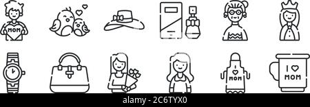 set of 12 thin outline icons such as mug, mother, handbag, grandma, pamela hat, bird for web, mobile Stock Vector