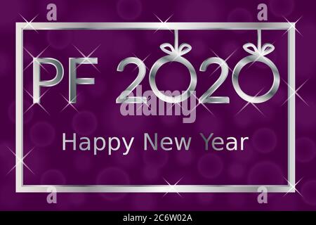 Happy new year PF 2020 greeting card, silver text with shiny glitters and stars in silver frame on purple background with bokeh light effect Stock Photo