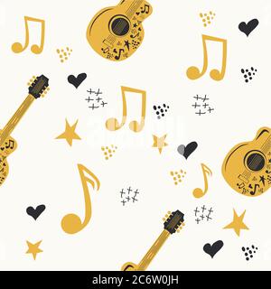 Handdrawn seamless pattern with various country music symbols - notes, guitar, stars and elements Stock Vector
