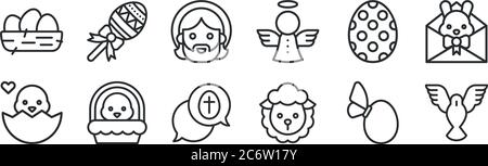 set of 12 thin outline icons such as dove, sheep, chick, easter egg, jesus, lollipop for web, mobile Stock Vector