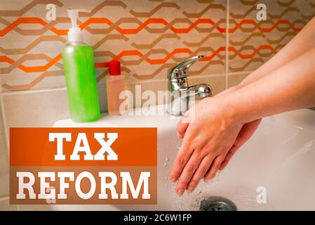 Handwriting text Tax Reform. Conceptual photo government policy about the collection of taxes with business owners Handwashing procedures for decontam Stock Photo