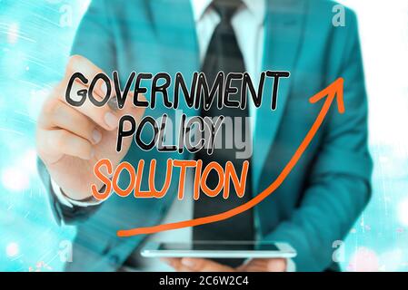 Word writing text Government Policy Solution. Business photo showcasing designed game plan created in response to emergency disaster digital arrowhead Stock Photo