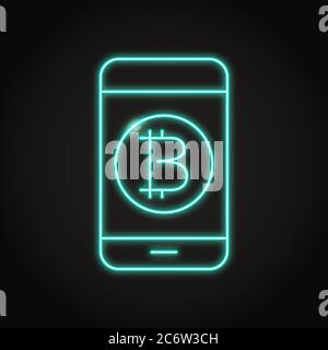 Smartphone with bitcoin symbol icon in neon style. Digital cryptocurrency wallet and e-payment concept. Vector illustration. Stock Vector