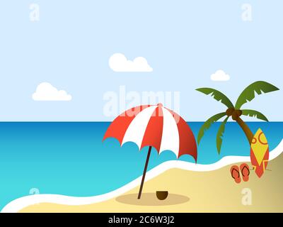 vector illustration of summer beach with umbrella and palm trees. summer season concept background template. Stock Vector