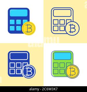 Bitcoin calculator icon set in flat and line style. Cryptocurrency counting symbol. Vector illustration. Stock Vector