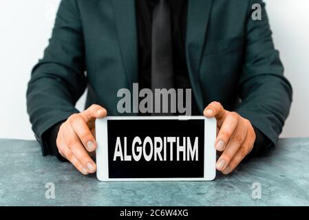 Word writing text Algorithm. Business photo showcasing a method or set of rules for calculations or other problem solving Model displaying black scree Stock Photo