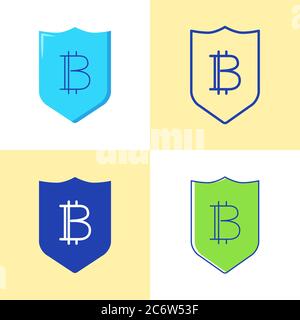 Bitcoin security icon set in flat and line style. Shield with cryptocurrency symbol. Vector illustration. Stock Vector