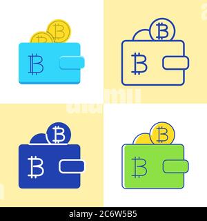 Wallet with bitcoin icon set in flat and line style. Cryptocurrency saving or payment symbol. Vector illustration. Stock Vector