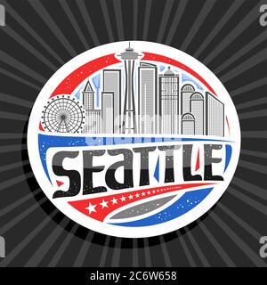 Vector logo for Seattle, white decorative tag with outline illustration of modern seattle city scape on day sky background, art design tourist fridge Stock Vector