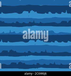 Wavy stripe seamless vector pattern background. Cut out style irregular horizontal linear striped blue backdrop. Torn paper strips effect. Geometric Stock Vector