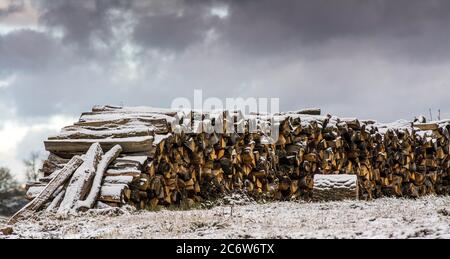 Woodpile covered in snow in a winter landscape with cloudy sky, Puy de Dome, Auvergne, France Stock Photo