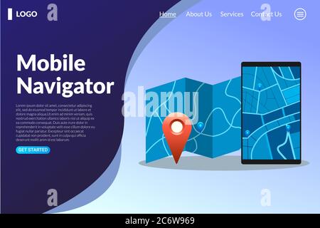mobile navigator landing page web design concept. GPS navigator with a map, vector illustration. Stock Vector