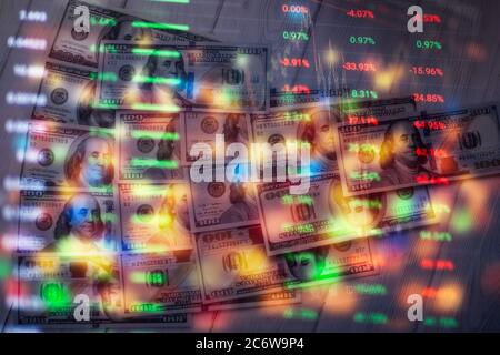 Concept of stock market and fintech. Blurry blue digital charts over dark blue background. Futuristic financial interface.