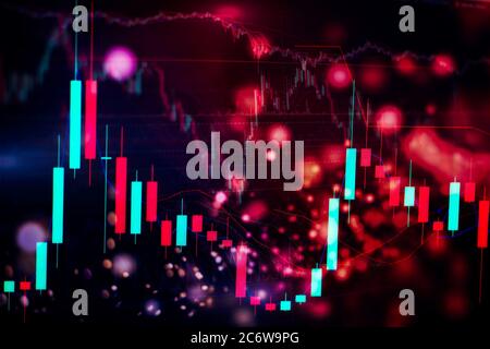 Concept of stock market and fintech. Blurry blue digital charts over dark blue background. Futuristic financial interface. Stock Photo