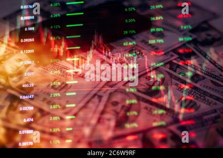 Concept of stock market and fintech. Blurry blue digital charts over dark blue background. Futuristic financial interface.